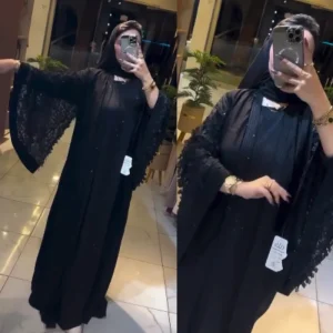 Abaya de Luxe avec strass deux pièces + châle assorti – Élégance et Raffinement