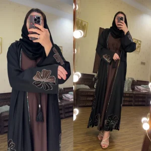 Dubaï abaya noire élégante avec strass et broderie florale